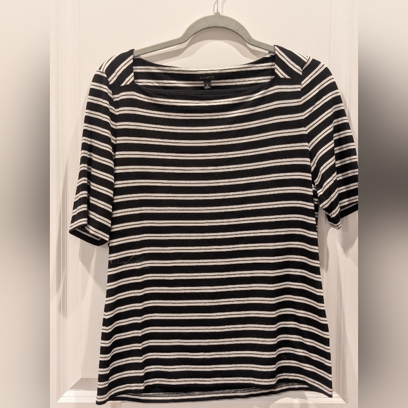 Talbots Black White Striped Boat Neck Top Size L Large Stretch Preppy - Picture 1 of 4